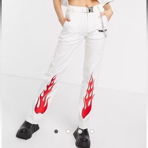 O Mighty White Cargo Pants With Flame Print Size Small